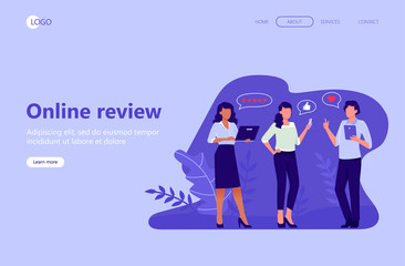 Web landing page template. Online review. People are giving stars, feedback and rating. Thumb up, stars line, like icons. Flat vector illustration for web, mobile app, UI, UX, site.