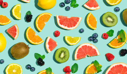 Collection of mixed fruits overhead view flat lay - obrazy, fototapety, plakaty