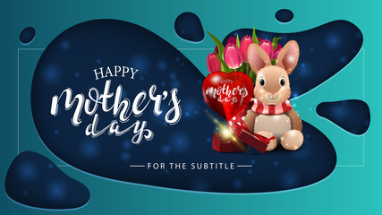 Happy mother's day, modern blue horizontal greeting postcard for website with a paper cut background, plush rabbit, tulips and gift