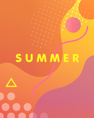 Unique artistic design card - summer with bright gradient background,shapes and geometric elements in memphis style.Bright poster perfect for prints,flyers,banners,invitations,special offer and more.