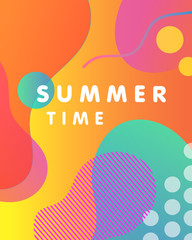 Unique artistic card - summer time with bright gradient background,shapes and geometric elements in memphis style.Bright poster perfect for prints,flyers,banners,invitations,special offer and more.