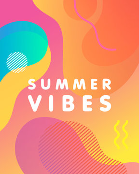 Unique artistic card - sunny vibes with bright gradient background,shapes and geometric elements in memphis style.Bright poster perfect for prints,flyers,banners,invitations,special offer and more.