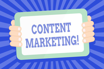 Text sign showing Content Marketing. Business photo text involves creation and sharing of online material Color Tablet Smartphone with Blank Screen Handheld from the Back of Gadget
