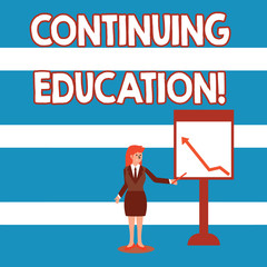 Text sign showing Continuing Education. Business photo text postsecondary learning activities and programs Businesswoman Holding Stick Pointing to Chart of Arrow Upward on Whiteboard