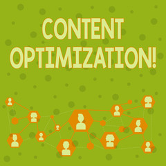 Word writing text Content Optimization. Business photo showcasing techniques to improve search results and ranking Online Chat Head Icons with Avatar and Connecting Lines for Networking Idea