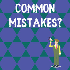 Word writing text Common Mistakes Question. Business photo showcasing repeat act or judgement misguided making something wrong Businessman Looking Up, Holding and Talking on Megaphone with Volume Icon