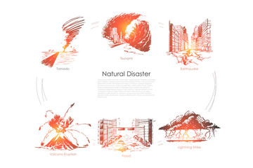 Natural disaster - tornado, tsunami, earthquake, flood, lightning strike, volcano eruption vector concept set