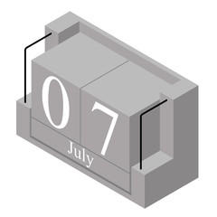 July 7th date on a single day calendar. Gray wood block calendar present date 7 and month May isolated on white background. Holiday. Season. Vector isometric illustration