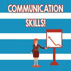 Text sign showing Communication Skills. Business photo text ability to convey information to another effectively Businesswoman Holding Stick Pointing to Chart of Arrow Upward on Whiteboard
