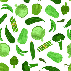 Green vegetables seamless pattern. Cabbage broccoli and cucumber. Vector vegetarian vegetable, zucchini and salad illustration