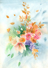 Watercolor painting.Vintage illustration of autumn bouquet with flowers and leaves.