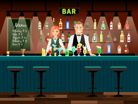 Male and female bartenders vector background. Bar vector illustration