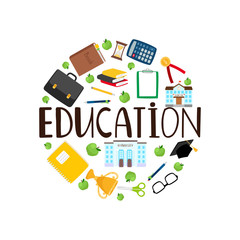 Education vector round banner with stationery, books, buildings icons