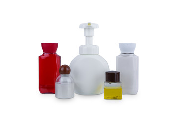 collection of various beauty cosmetic hygiene containers plastic bottle with body moisturising isolated on white background