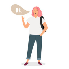Teenage girl shows sign OK vector illustration. Teenager girl say ok, woman student