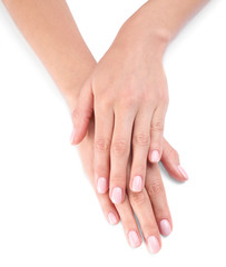 Woman with beautiful hands on white background, closeup. Spa treatment