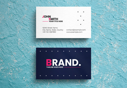 Blue And White Business Card Layout with Pink Accents