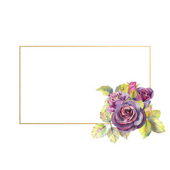Flowers of dark roses, green leaves, composition in a geometric Golden frame. The concept of the wedding flowers. Rectangular frame. Flower poster, invitation. Watercolor compositions for the design