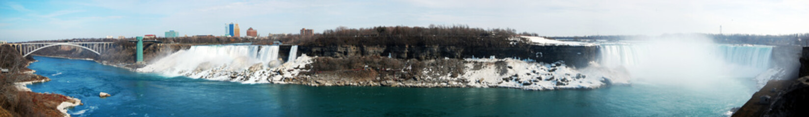 Niagara Falls panorama including Rainbow Bridge, American Falls and Horseshoe Falls from left to...
