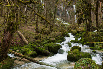 Obraz premium Trois cascades au fond du Cirque de Consolation dans le massif du Jura, Consolation-Maisonnettes, France