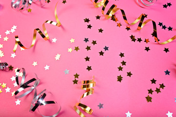 Background about a party, confetti, stars and streamers.