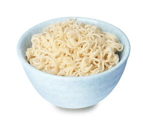 Tasty instant noodles in bowl isolated on white