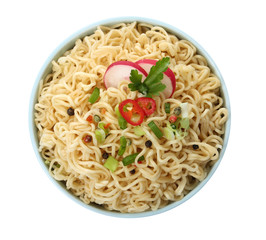 Tasty instant noodles with vegetables in bowl isolated on white, top view