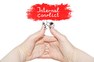 Internal conflict inscription.Two women's hands of the same person, interlock fingers on white...