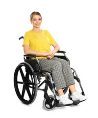 Portrait of beautiful woman in wheelchair isolated on white
