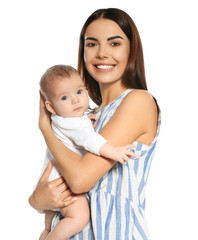 Portrait of happy mother with her baby isolated on white