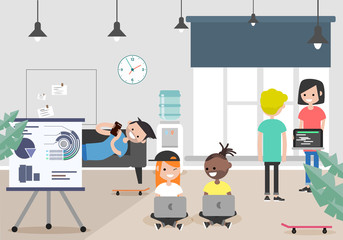Vector illustration of coworking space. Working place, office. Modern office. Millennials at work. Flat design