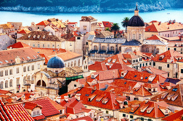 Aerial view of old fortress Dubrovnik in Croatia with Cathedral tower