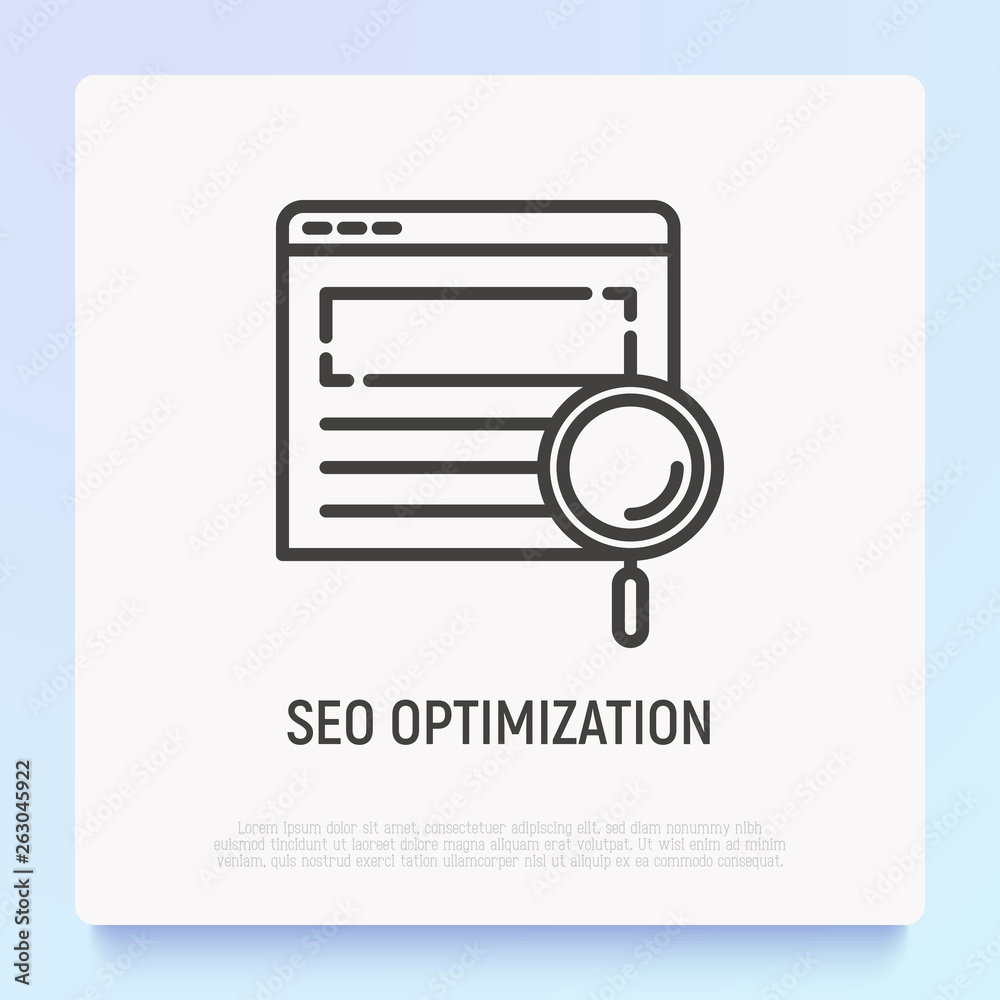 Wall mural seo optimization thin line icon: magnifier on web page. modern vector illustration.