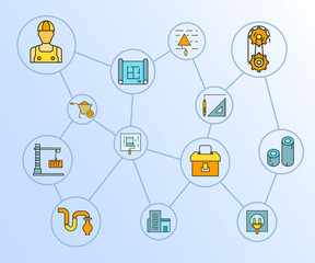 construction and tools network diagram in blue background