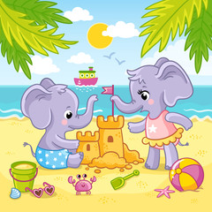 Baby elephants are playing in the sand on the beach against the backdrop of the sea and the ship