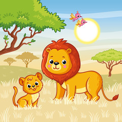 Lion and a lion cub are standing on the grass in the savannah.