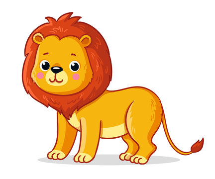 Young lion on a white background. Cute african animal in cartoon style.