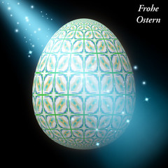 Happy Easter - Frohe Ostern, Artfully designed, abstract and colorful easter egg, 3D illustration on background with bokeh and light leaks