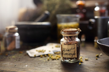 Herbal medicine dried chamomile flowers, traditional medicine