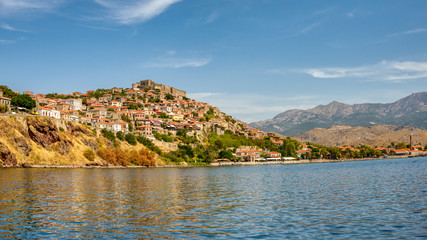 Fototapeta na wymiar Panorama view of the traditional town Mithymna, also called Molyvos, with the fortress on the hill, north Aegean Sea, Lesvos island, Greece, Europe