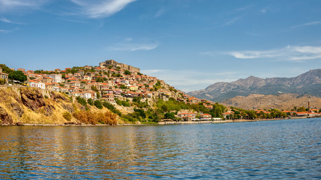 Panorama view of the traditional town Mithymna, also called Molyvos, with the fortress on the hill, north Aegean Sea, Lesvos island, Greece, Europe