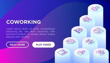Coworking office web page template with thin line isometric icons: workplace, meeting room, conference hall, smart office, parking, fast internet, 24 hour access, IT support. Vector illustration.