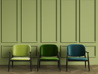 3Green armchairs in classic interior with copy space