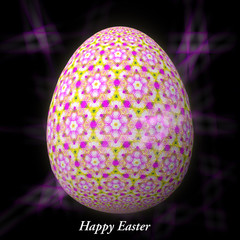 Happy Easter - Frohe Ostern, Artfully designed, abstract and colorful easter egg, 3D illustration on background with bokeh and light leaks