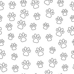 Fototapeta premium Dog or cat paws seamless pattern. Thin line vector illustration for background of pet shop.