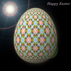 Happy Easter - Frohe Ostern, Artfully designed, abstract and colorful easter egg, 3D illustration on background with bokeh and light leaks