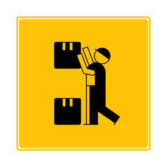 worker carrying box in warehouse icon in yellow signage