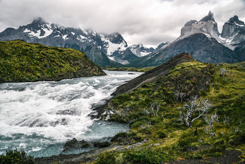 Fototapeta na wymiar Salto Grande Waterfall in Torres Del Paine National Park in the Patagonia Region of Southern Chile 