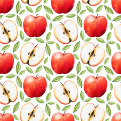 Seamless watercolor pattern with juicy apples on a white background