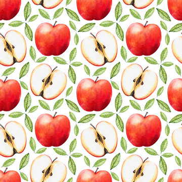 Seamless watercolor pattern with juicy apples on a white background